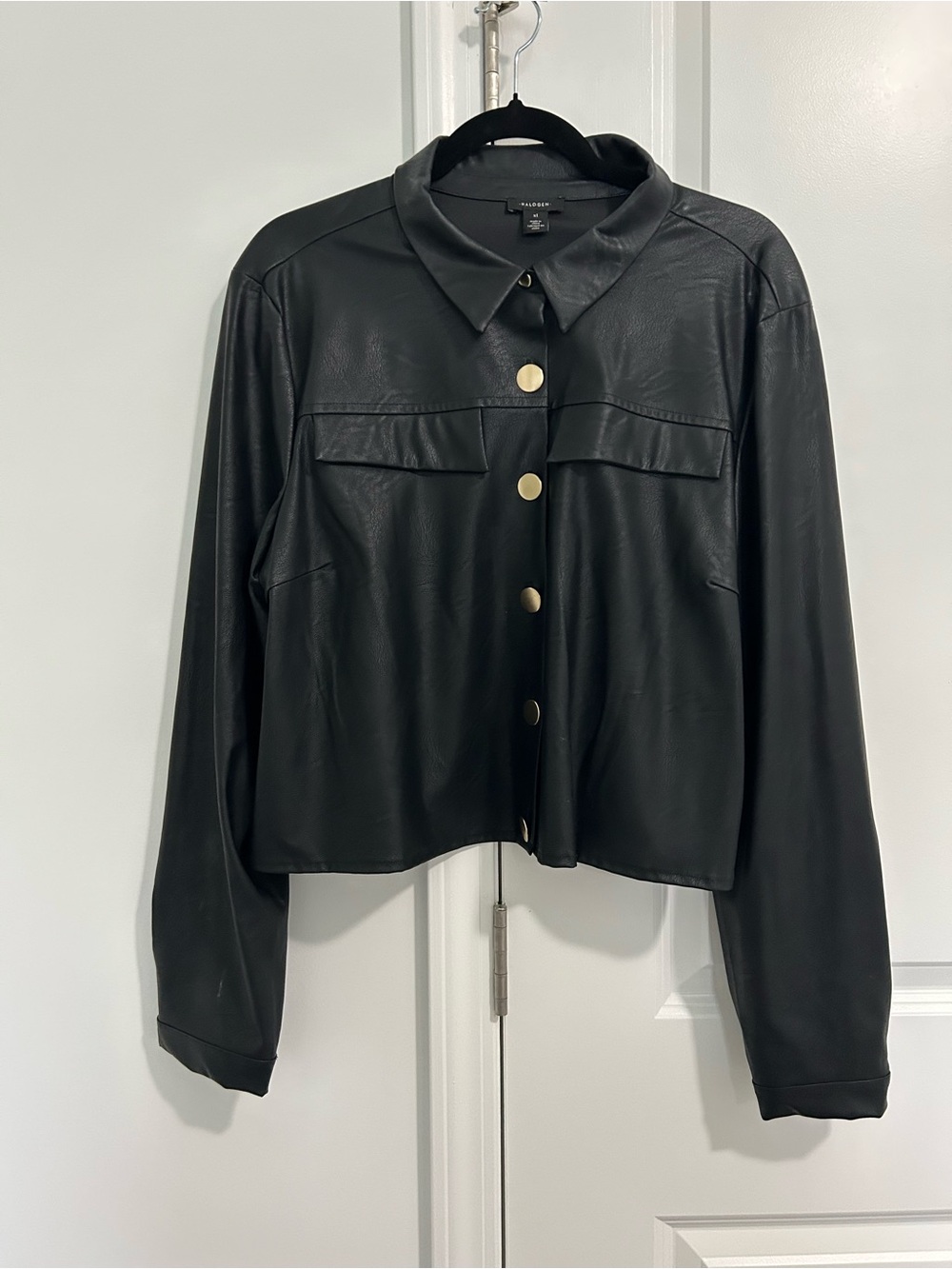 Halogen Black Faux Leather Button-Front Jacket with Gold Buttons